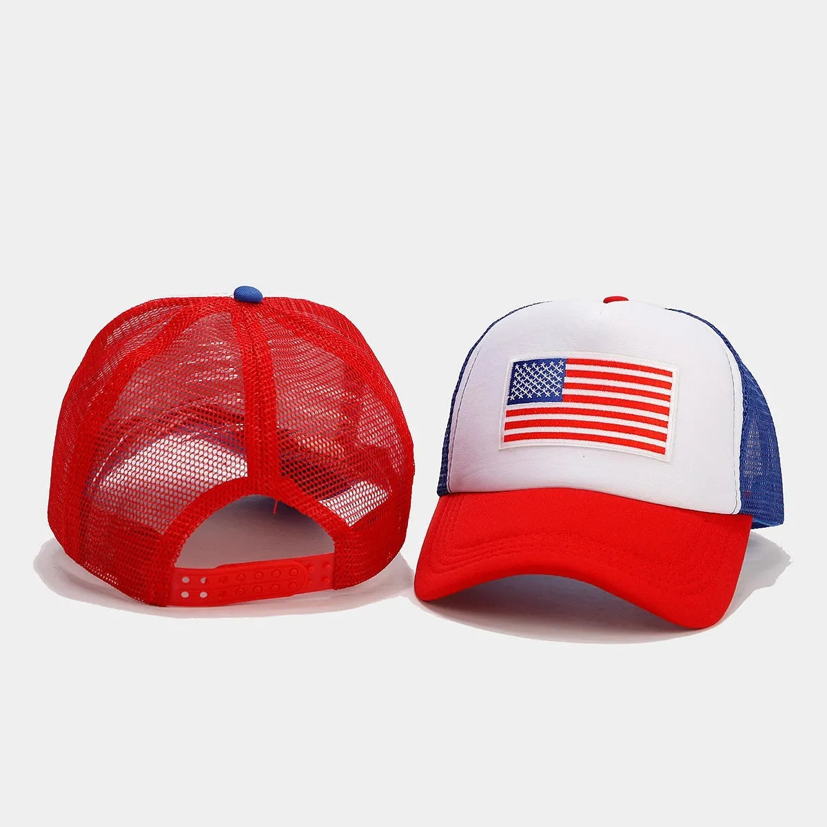Red and blue mesh baseball cap with adjustable sizing strap