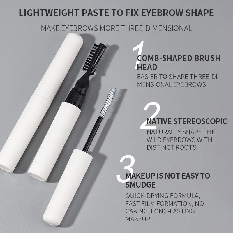 Eyebrow brush and bottle of liquid glue for creating natural wild eyebrows.