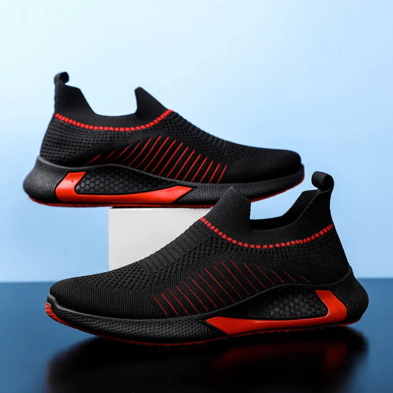 Men's low-top mesh sock sneakers with striped design and Flyknit upper.