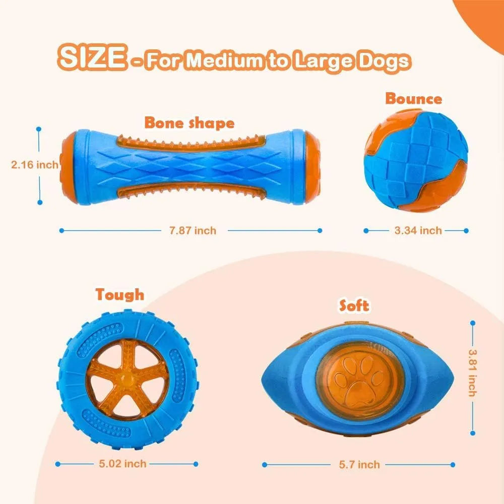 Set of three floating TPR dog toys: a blue ball, an orange barbell, and green tyres on a pool edge.