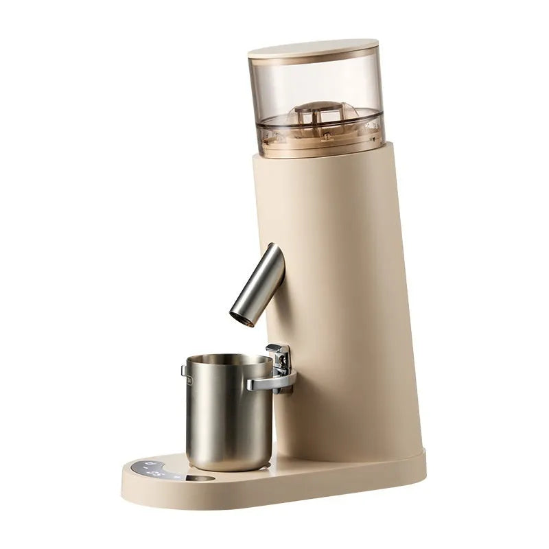 Portable electric coffee grinder with stainless steel body in retro or minimalist style