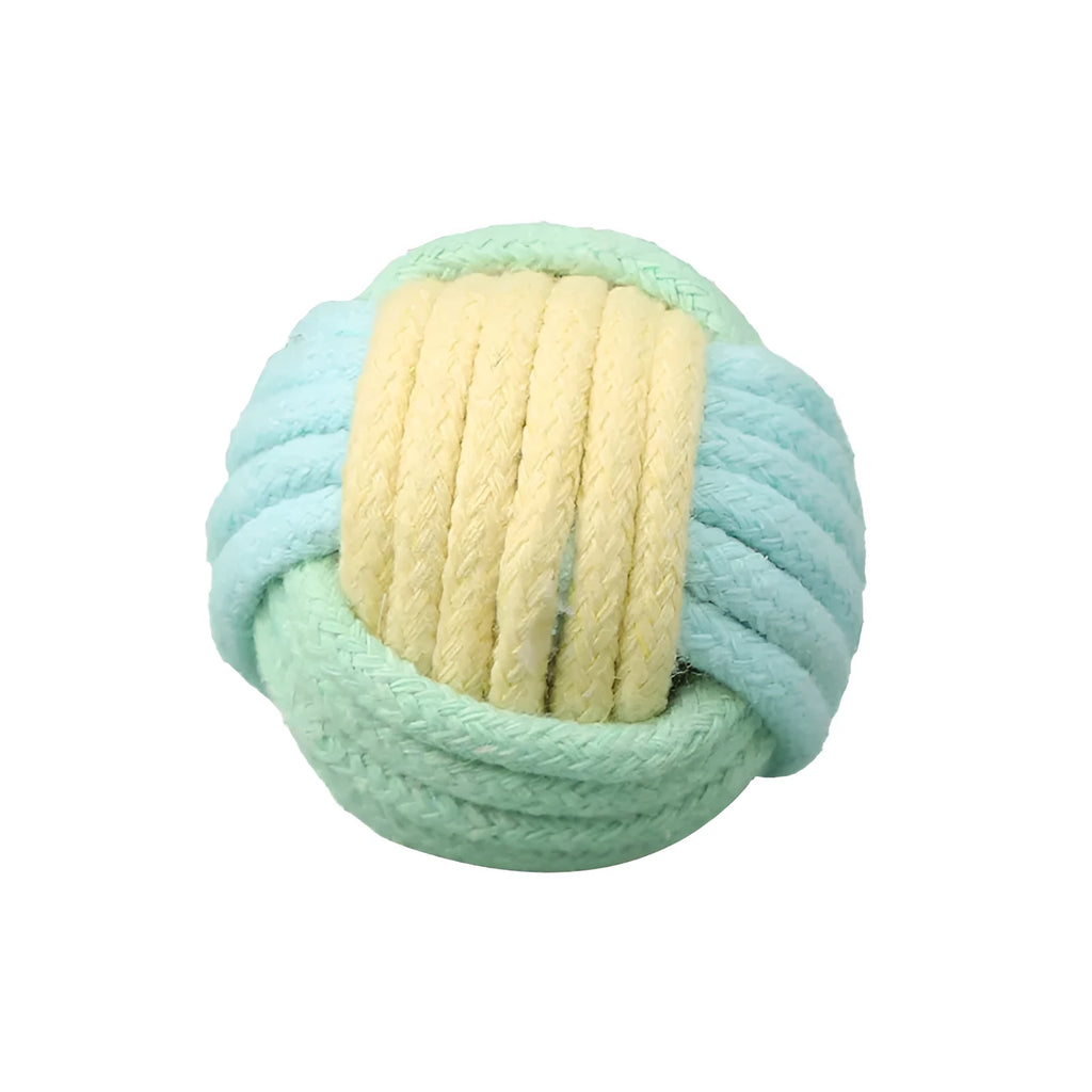 Handmade plush cotton ball cat toy in blue pink, green blue, and pink green colours, shown at 5cm size.