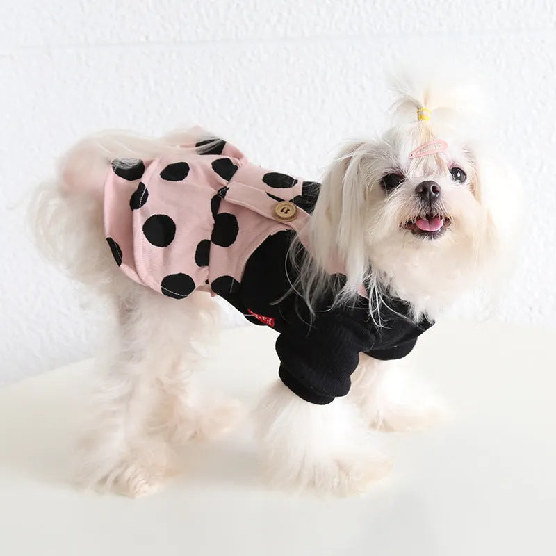 Petstyle couple-themed dog clothes with lapel and shoulder strap design in cloth fabric.