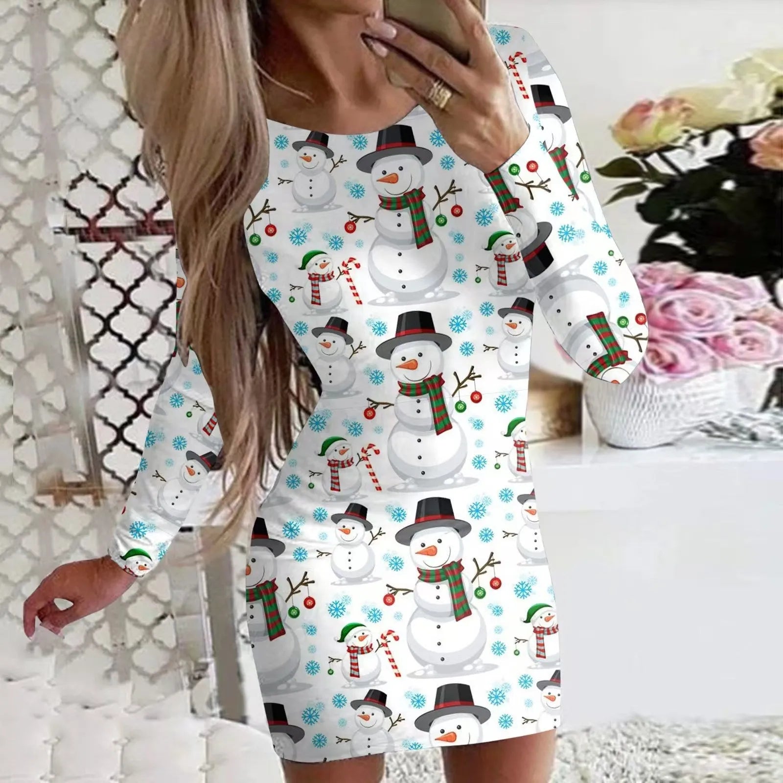Christmas animal print narrow dress with hip skirt and long sleeves in floral colour options
