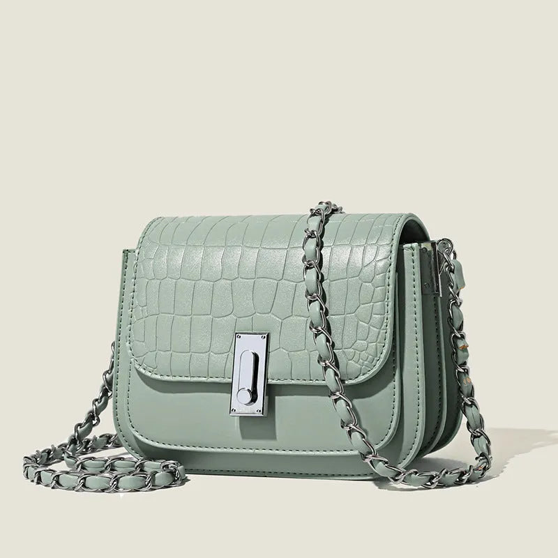 Women's soft black PU square shoulder bag with chain strap and external pocket