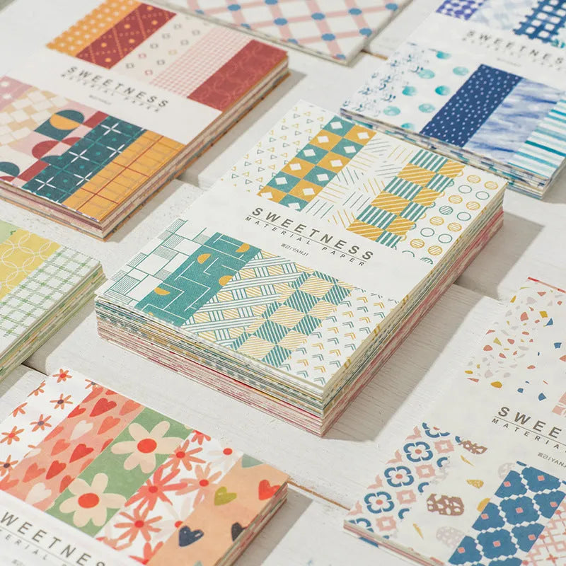 Retro collage note papers in dessert colours including red plum cheese and blue fruit bitter cassava