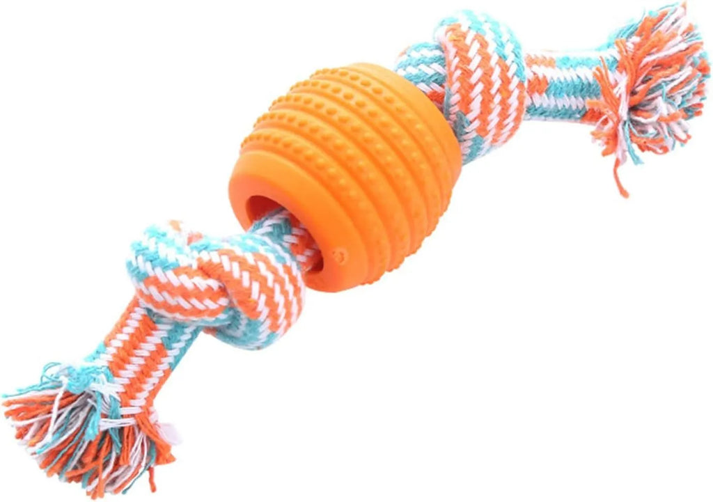 Blue dog chew toy with integrated rope cord for dental cleaning and oral health maintenance