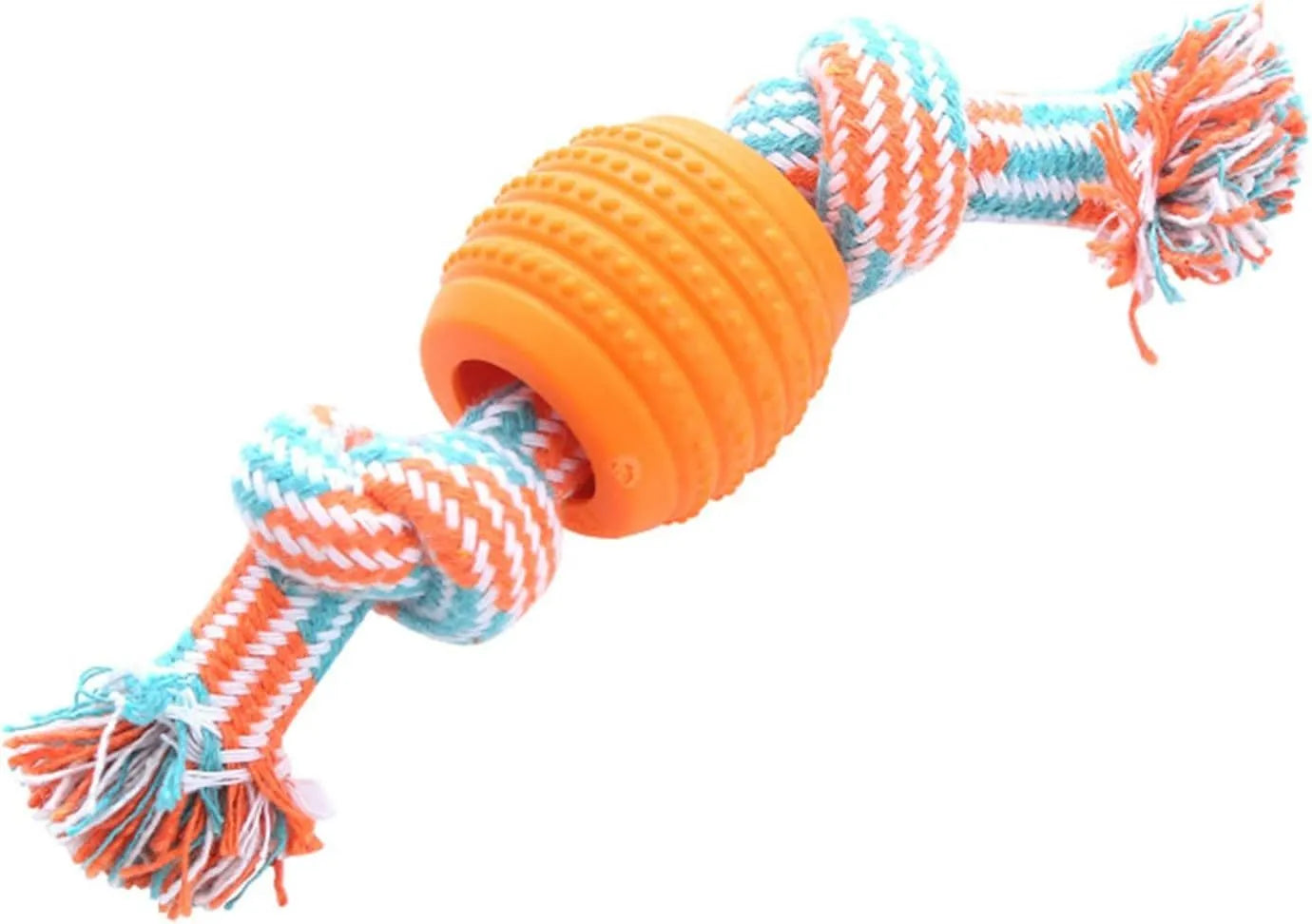 Blue dog chew toy with integrated rope cord for dental cleaning and oral health maintenance