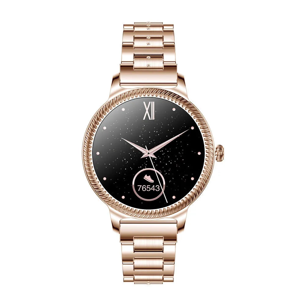 AK38 ladies smart watch with stainless steel Milanese strap and gold finish on wrist.