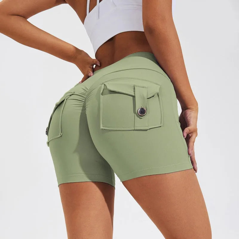 Women's high waist quick-dry nylon sports shorts with pockets in avocado green colour