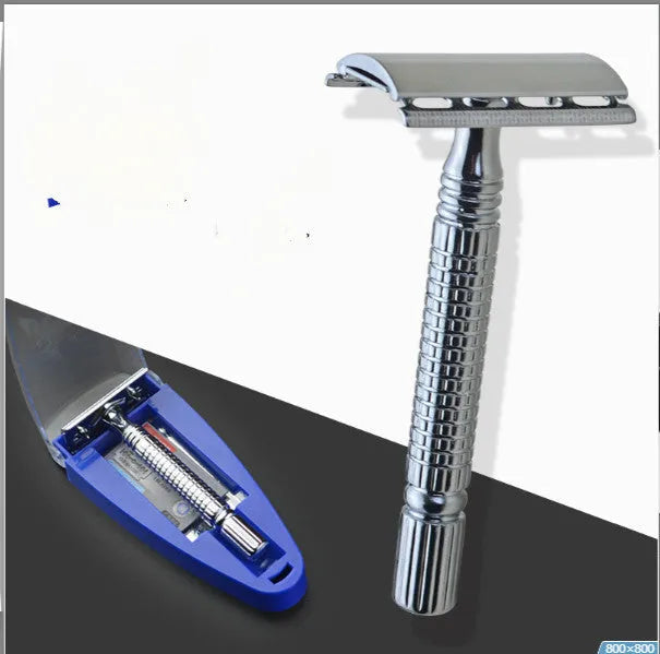 Chrome double-edged safety razor with blade and storage box set