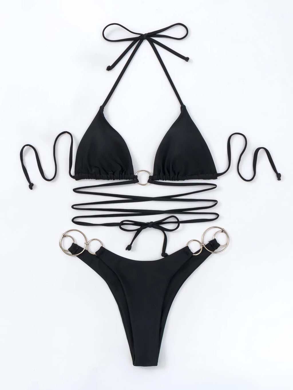 Black women's bikini set with metal ring strap detail and split-style panty design