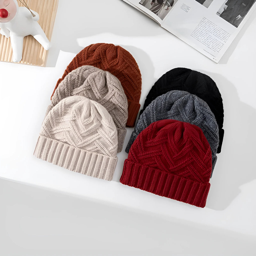 Women's wool knitted winter hat with dome crown in six colour options including red, grey, brown, white, khaki, and black