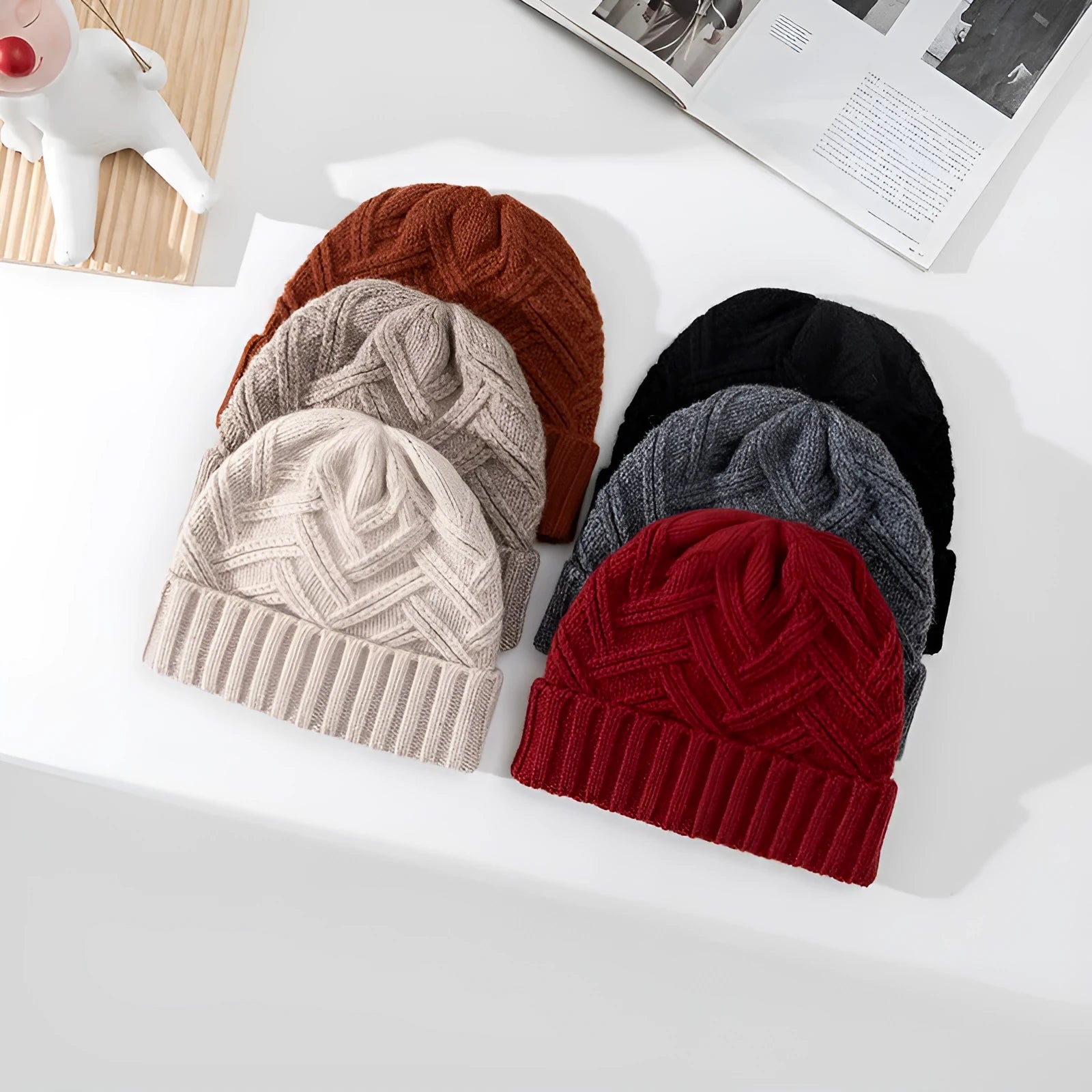 Women's wool knitted winter hat with dome crown in six colour options including red, grey, brown, white, khaki, and black