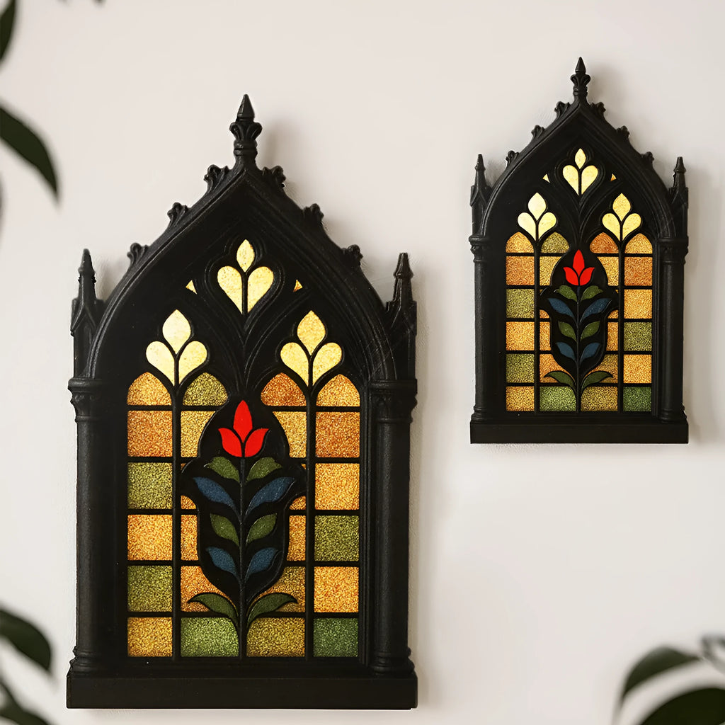 Wooden gothic-style door frame wall storage rack in one of three colour options.