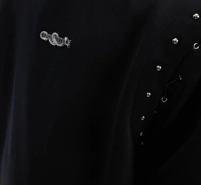 Black short sleeve T-shirt with a lace-up cutout detail on the front.