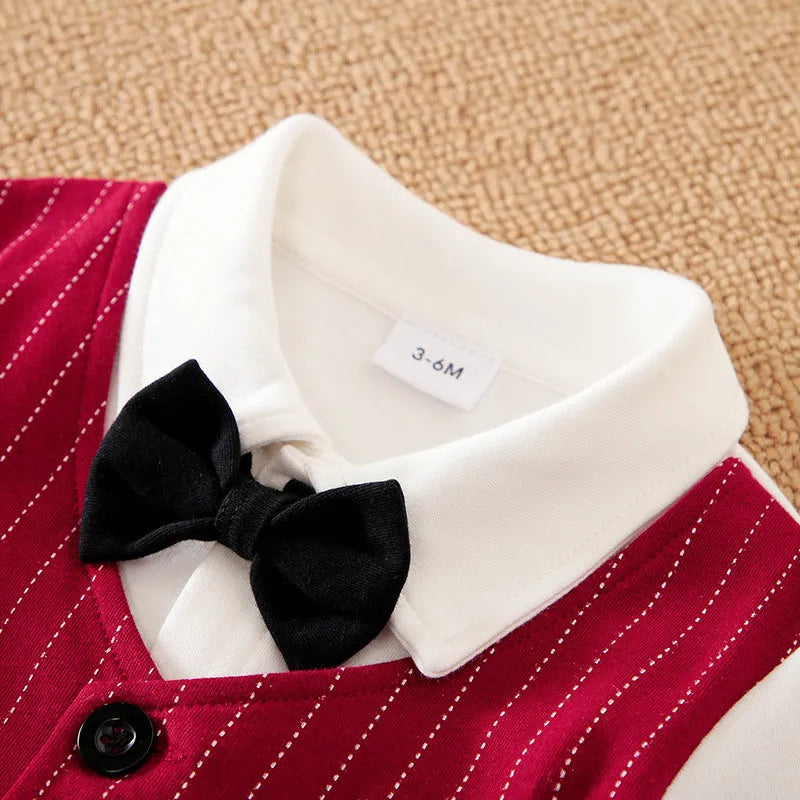 Wine red long sleeve cotton baby boy romper one-piece suit for autumn and spring.