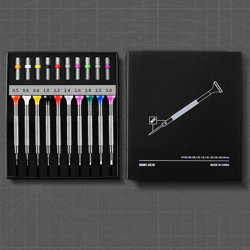 Precision manual screwdriver set for watch and glasses repair with 10 drivers and 20 spare bits