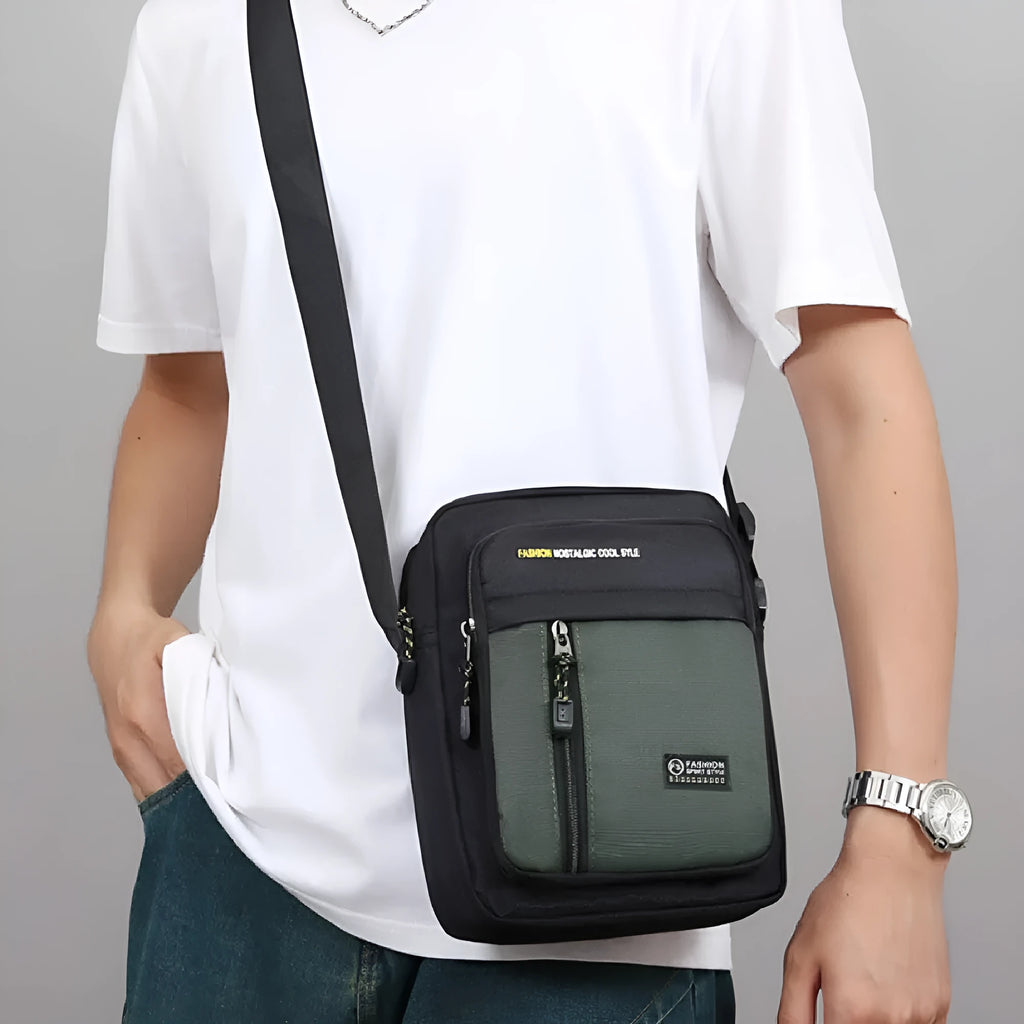 Men's nylon crossbody messenger bag with sewing thread detailing in green colour