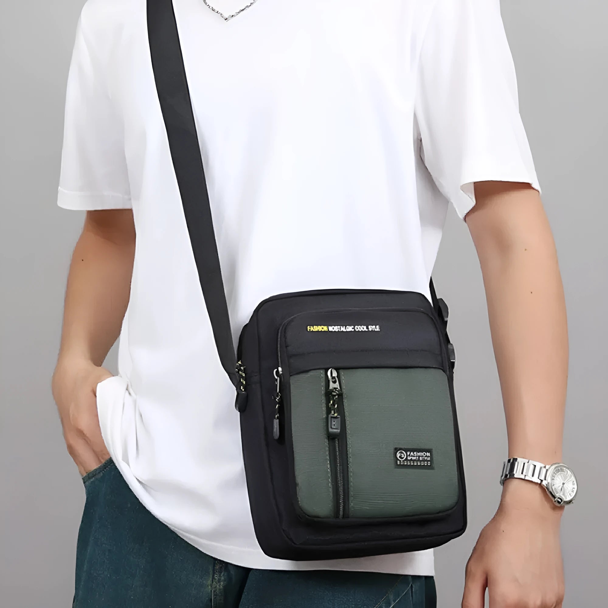 Men's nylon crossbody messenger bag with sewing thread detailing in green colour