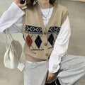 Sleeveless loose cardigan with diamond plaid pattern in khaki colour showing front view