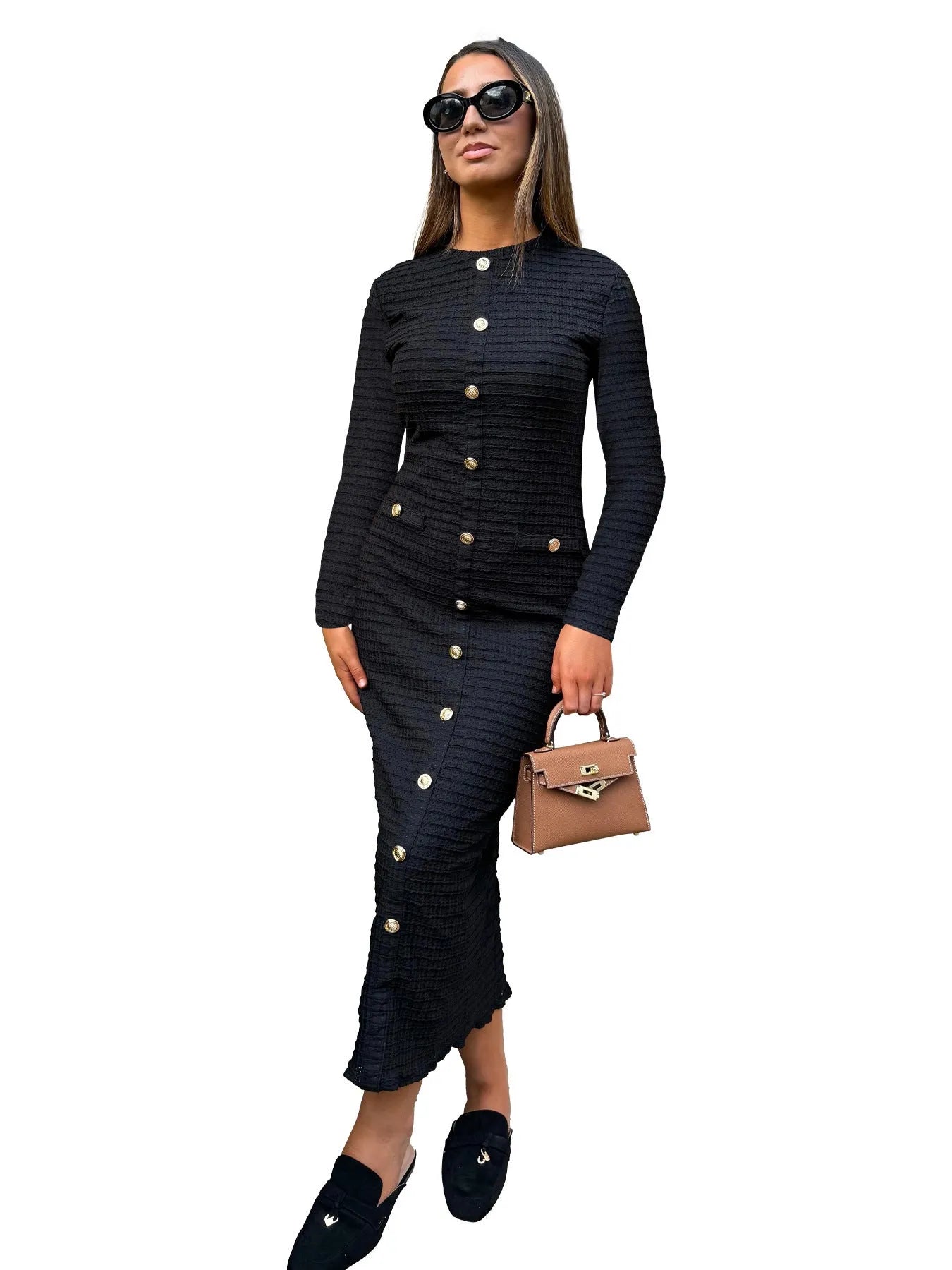 French retro slim fit knitted dress with long sleeves and button details in black colour