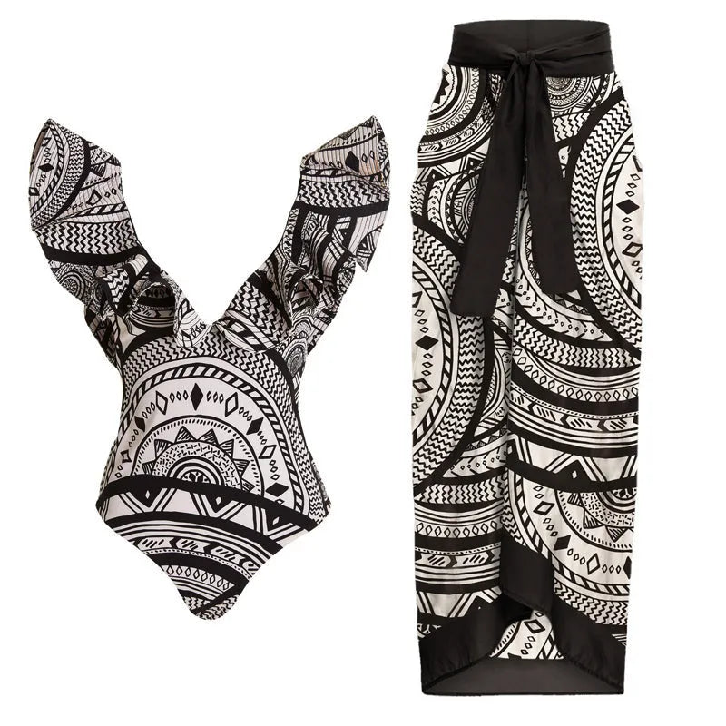 Vintage print deep V-neck one-piece swimsuit for women with matching wrap skirt.