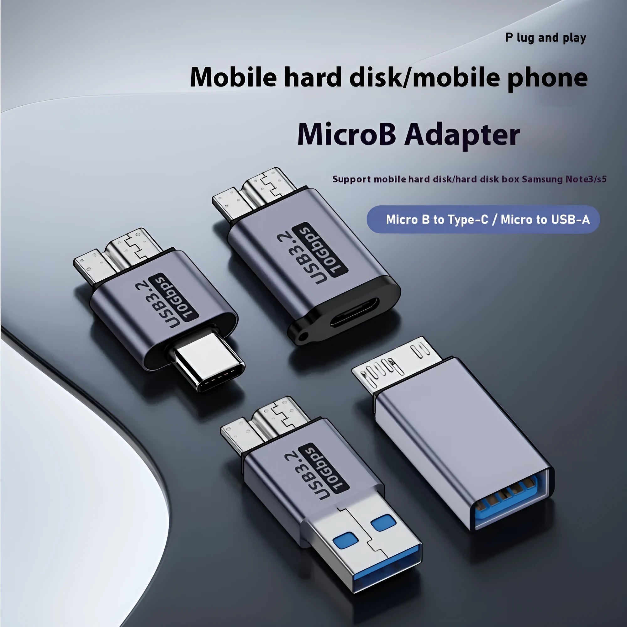 USB adapter converter showing Type-C and USB-A to Micro-B male and female interfaces for data and charging