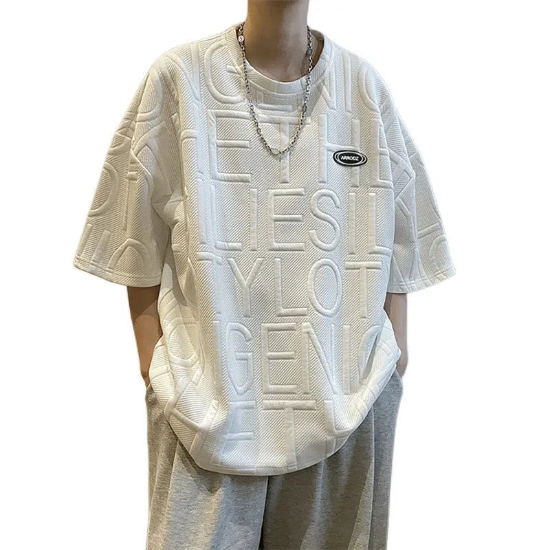 Men's grey loose retro T-shirt with a raised 3D letter print on the chest