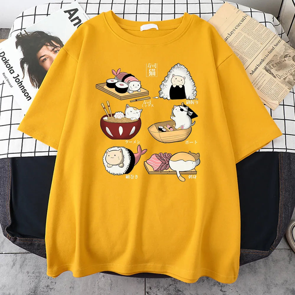 Men's black cotton t-shirt with a cute cartoon print of cats designed as sushi rolls.