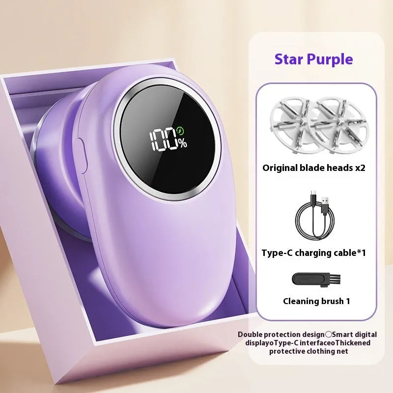 USB rechargeable fur ball trimmer with digital display, shown in beige and purple colour options with multiple cutter head configurations.