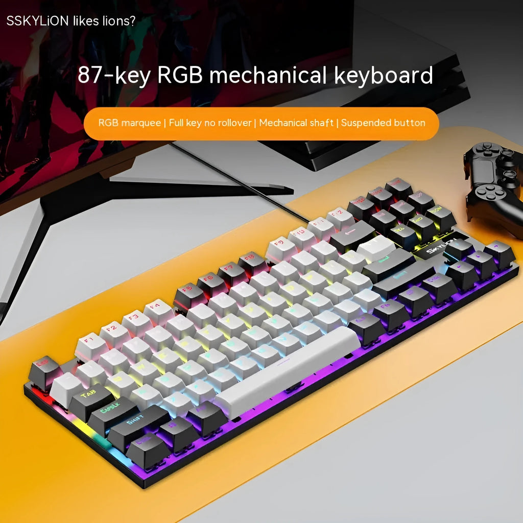 K87 mechanical wired keyboard with metal frame shown in blue white colour with green mechanical switches.