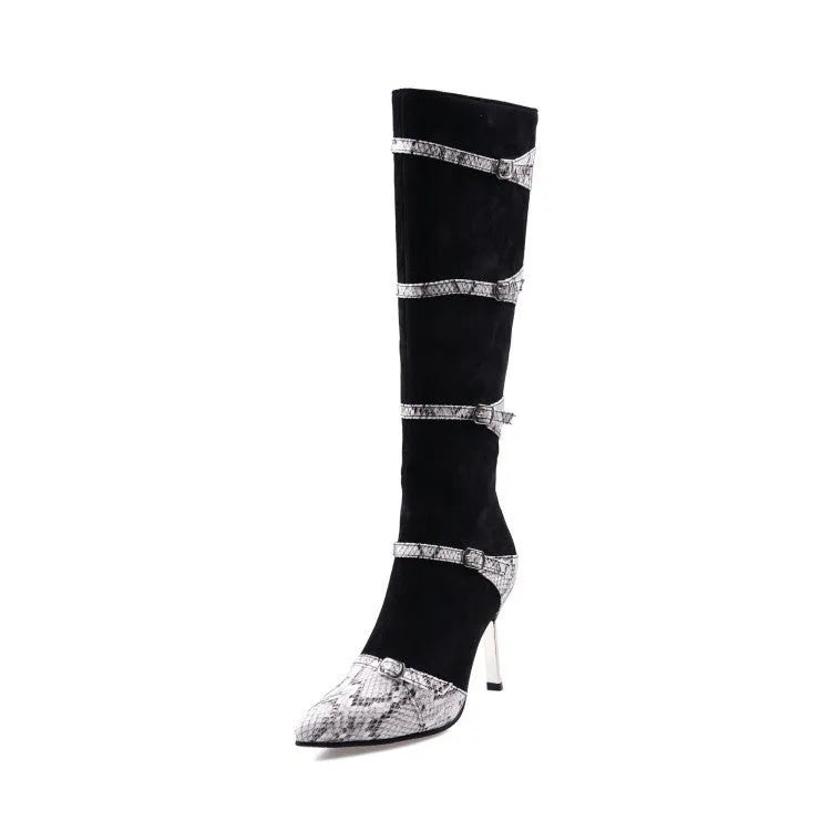 Grey and black women's knee-high high-heel boots with a 9cm heel and 33cm shaft.