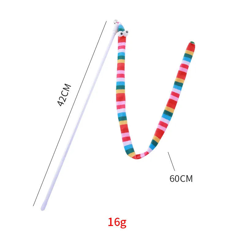 Colourful cat teaser wand toy with a long plush strip and bell on a polycarbonate handle.