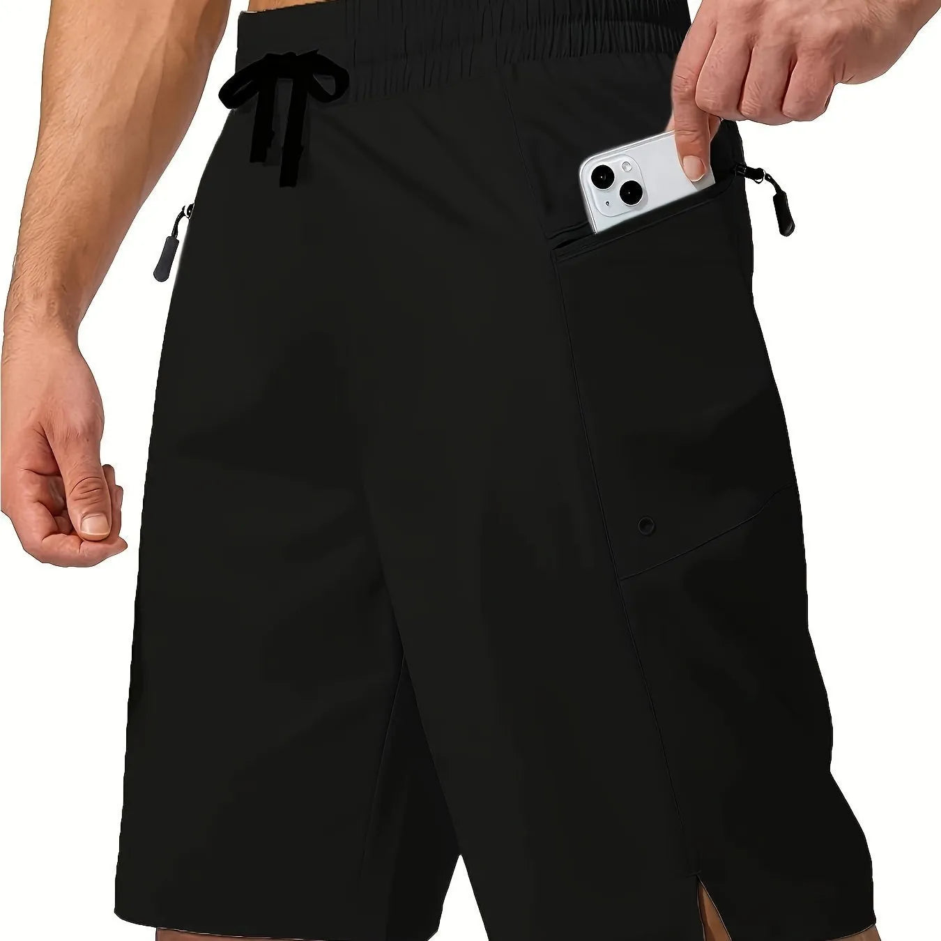 Men's solid colour quick-drying polyester beach shorts in straight cut