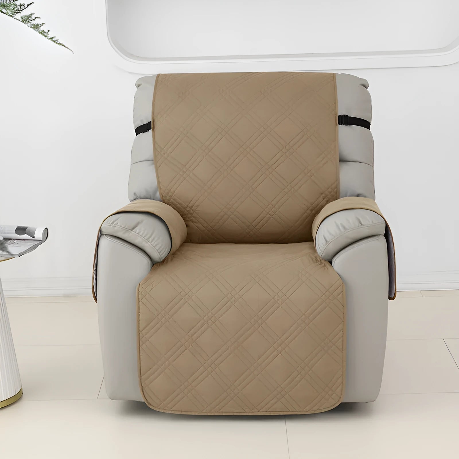 Waterproof quilted sofa cover for a Chivas massage chair in a dark coffee colour.