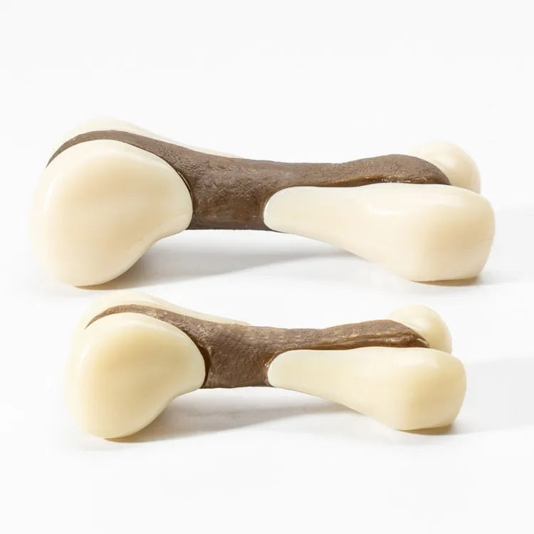 Dog chew toy bone grinding rod in small and large sizes with cowhide and nylon construction