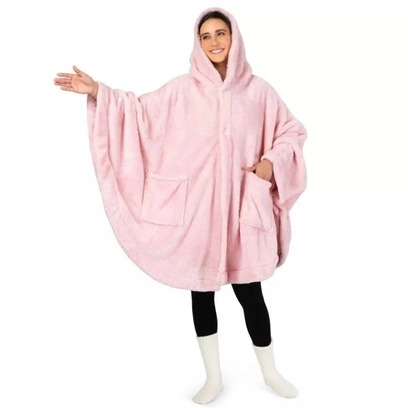 A thick black hooded bathrobe with long sleeves and a cardigan opening, laid flat.