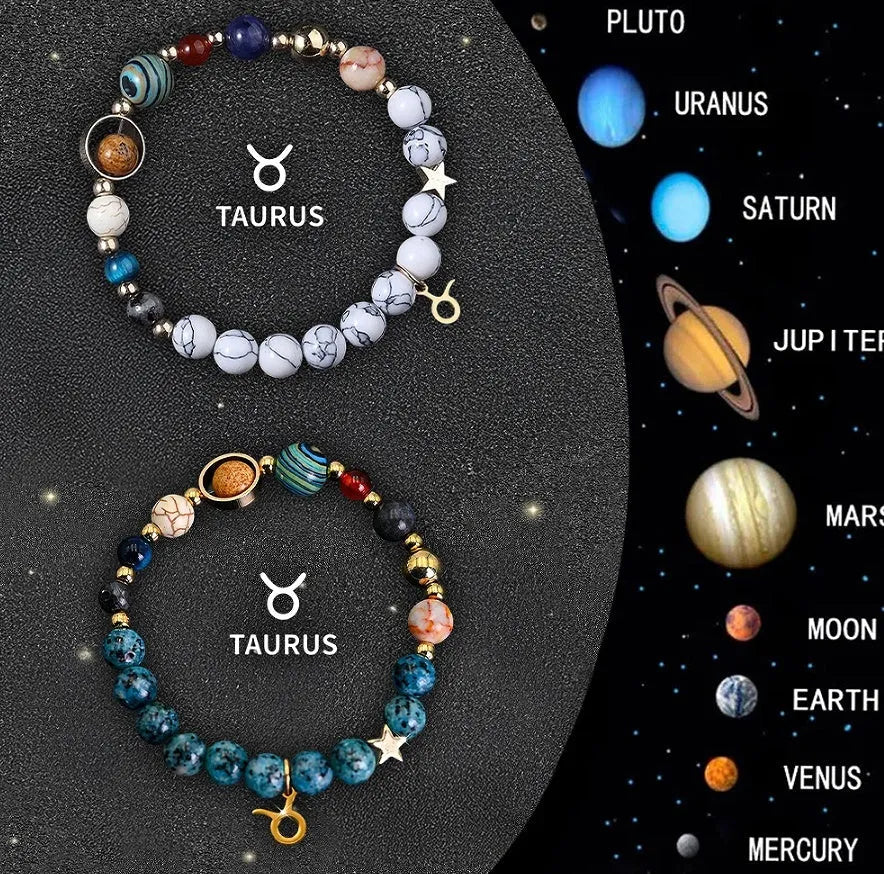 Twelve zodiac sign bracelets with natural stone beads on elastic cords showing all astrology symbols