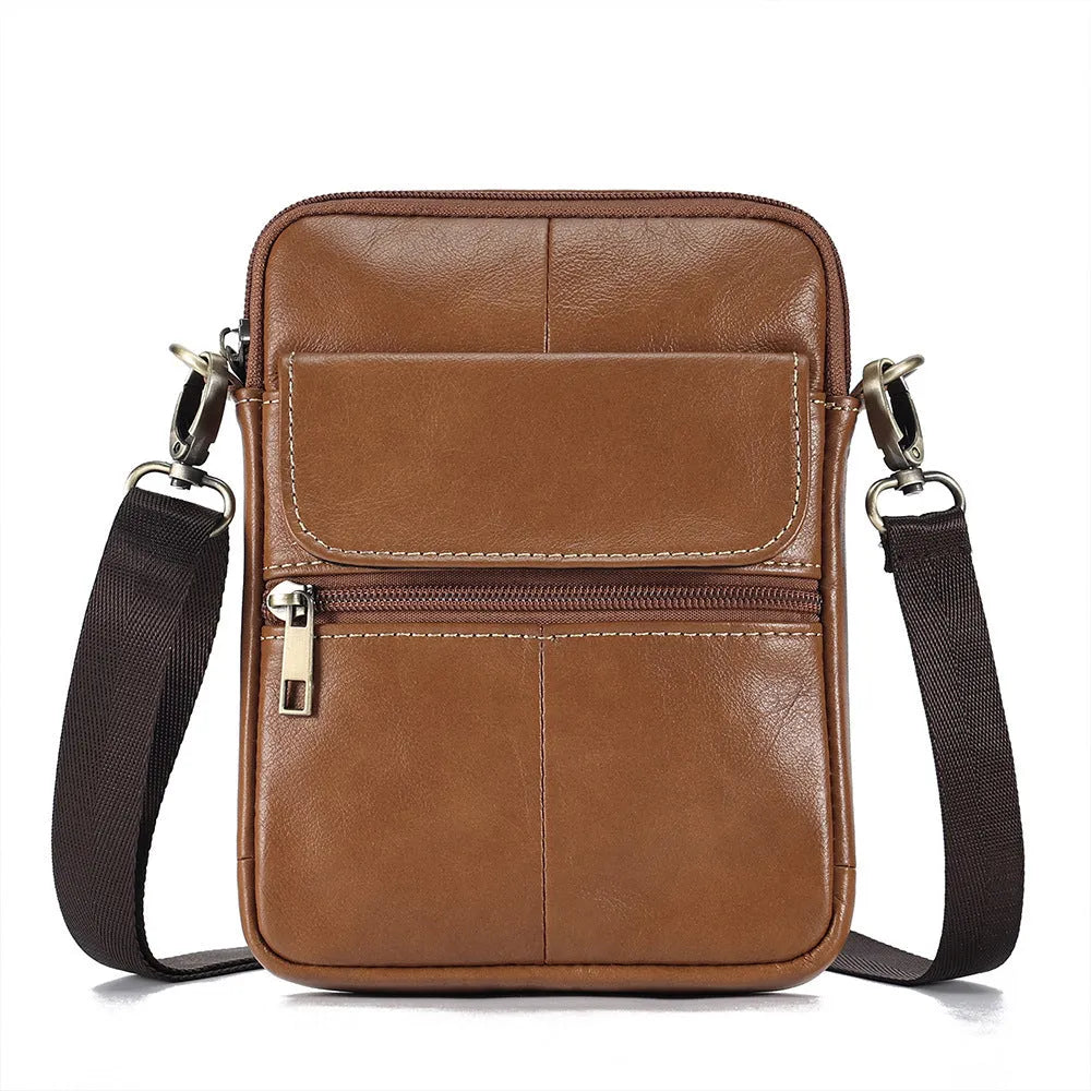 Men's brown leather crossbody shoulder bag with visible stitching details