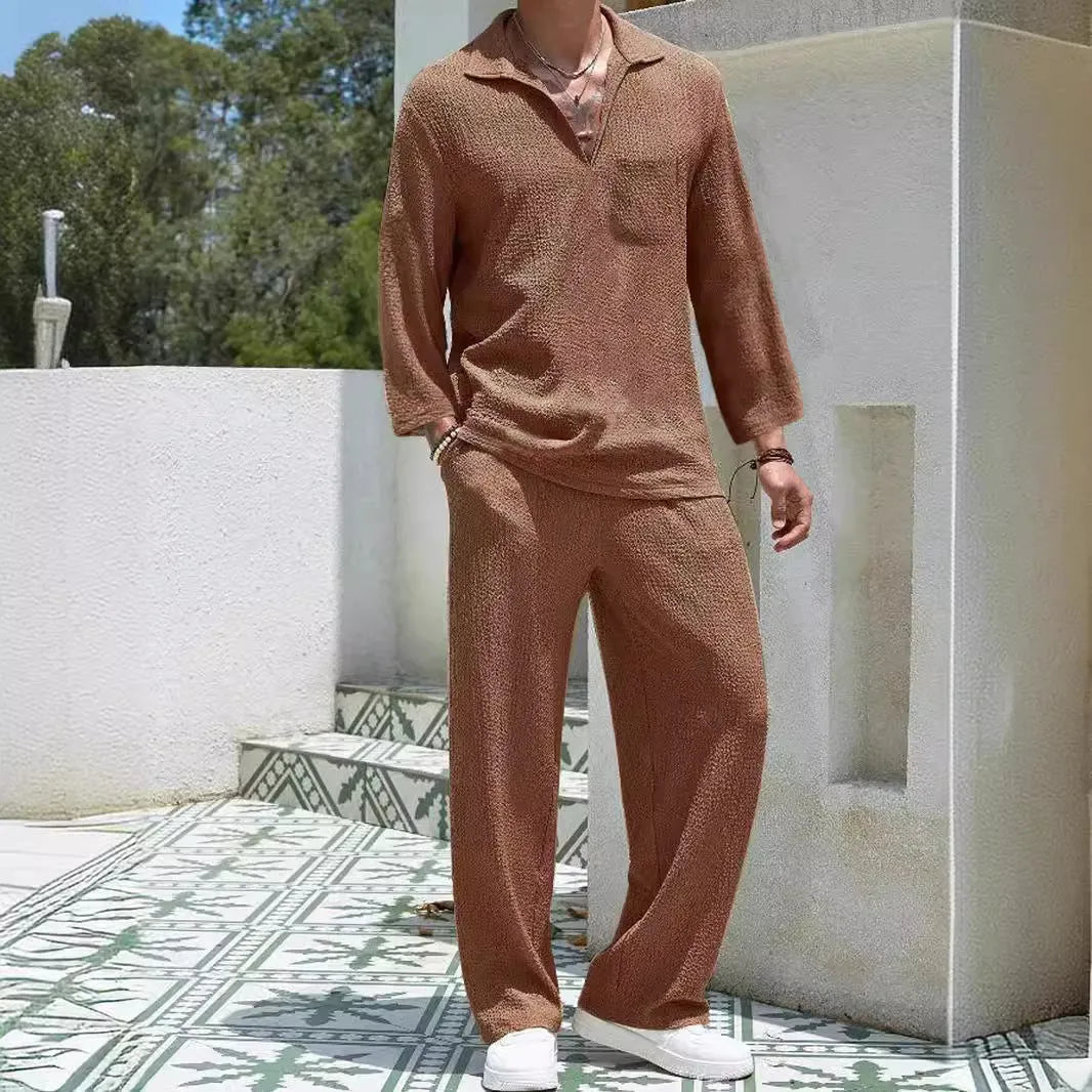 Men's casual shirt and trouser suit in polyester, shown in lake blue, for commuting and leisure wear.