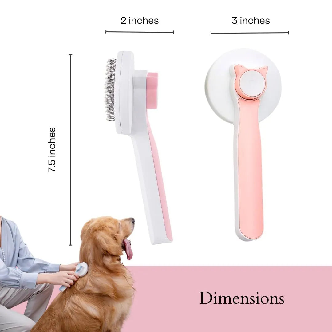 Blue self-cleaning pet slicker brush with ergonomic rubber handle on a grey background.
