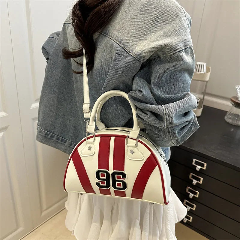 Colour blocking stripe contrast single shoulder bag in PU with stitching details, medium hardness dumpling shape