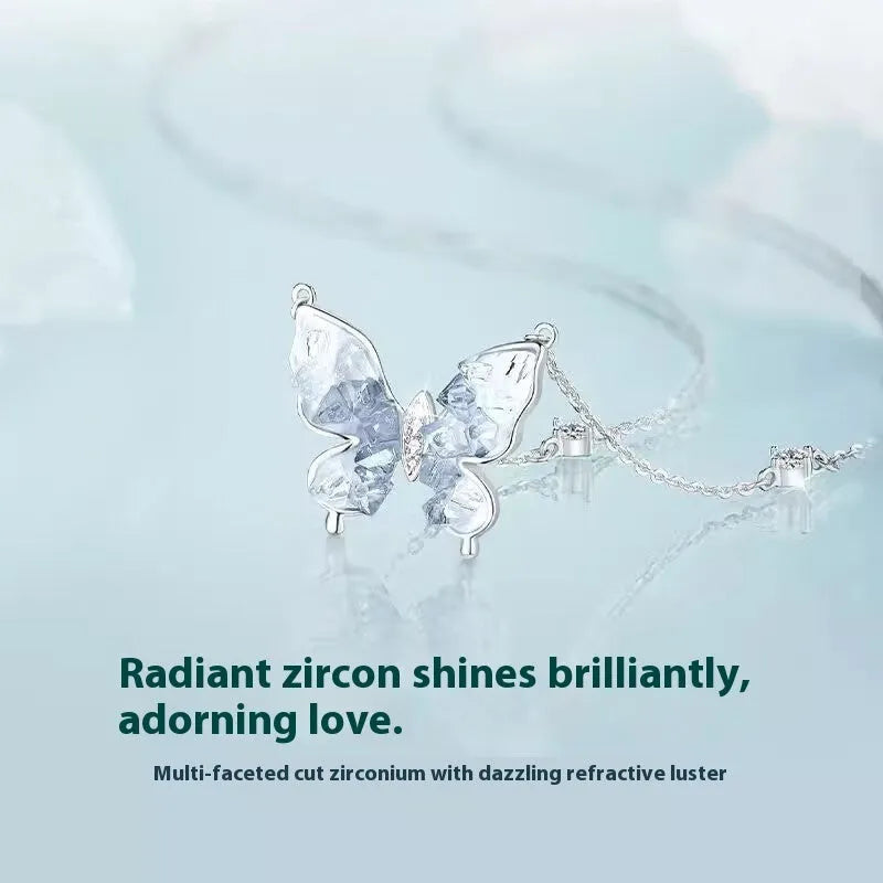 S925 silver butterfly necklace with electroplated ice rain pendant on adjustable O-ring chain