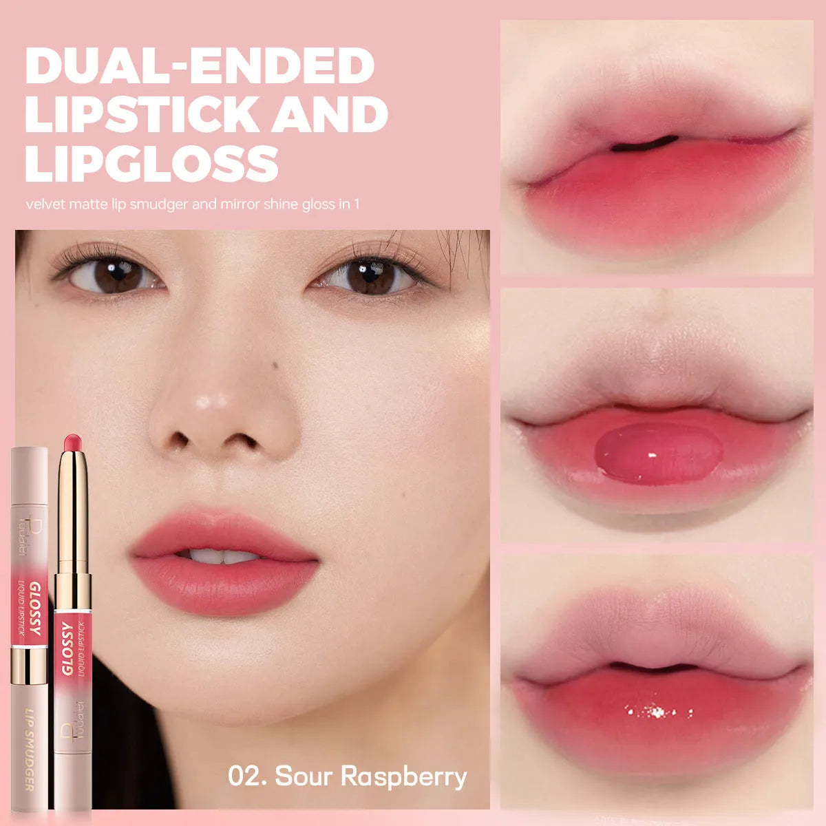 Double-headed lipstick and lip gloss set showing matte finish, available in ten different colour options.