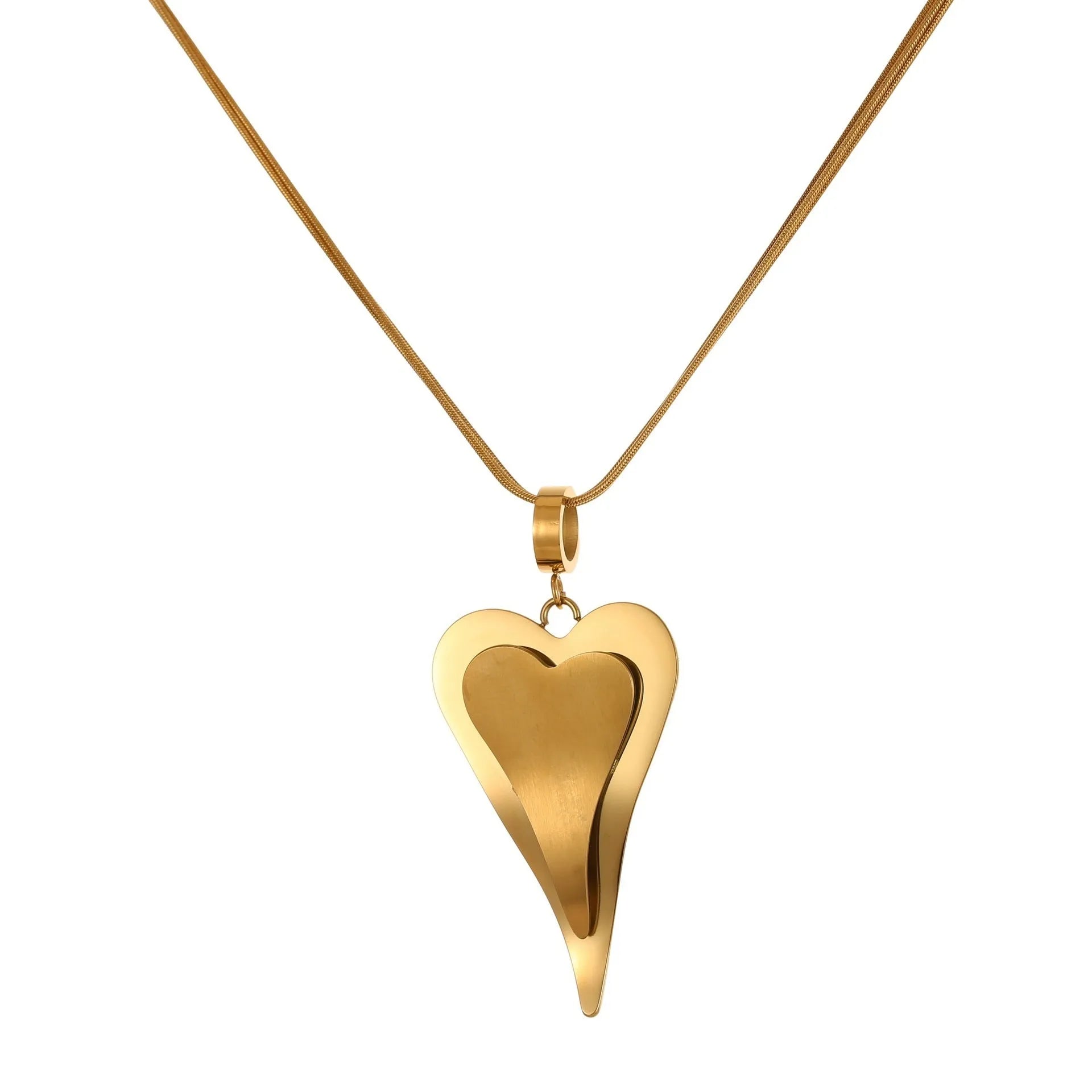 Stainless steel necklace with geometric double heart design formed from snake bones chain elements