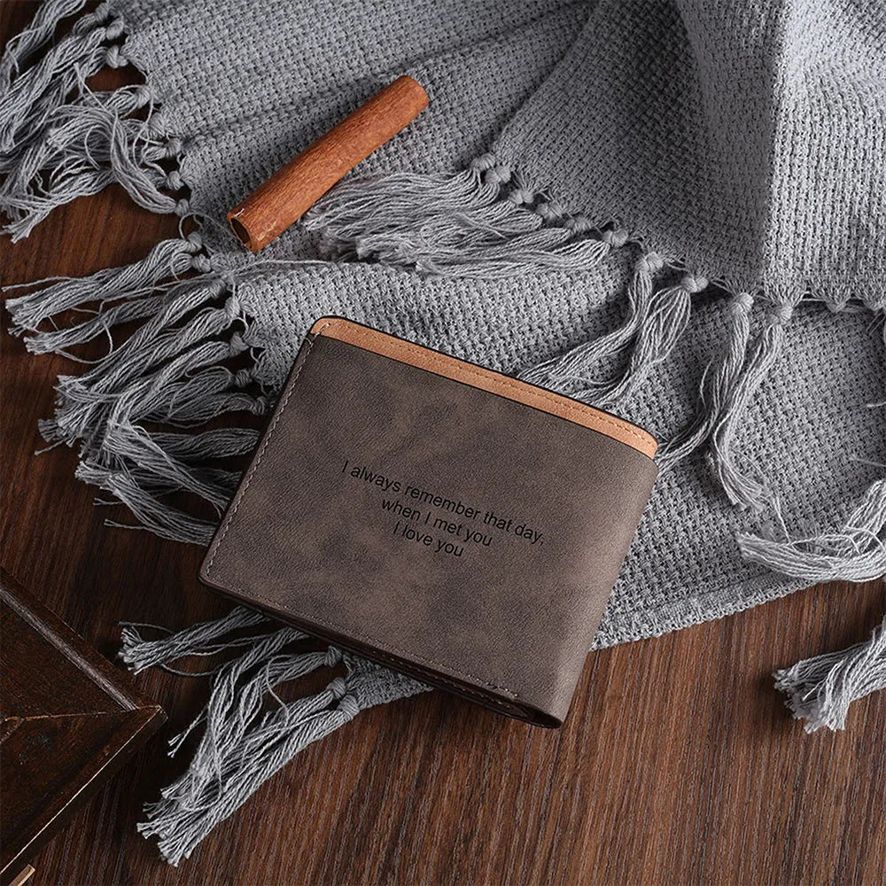 Coffee coloured engraved horizontal short wallet measuring 120x99mm with custom text or photo personalisation