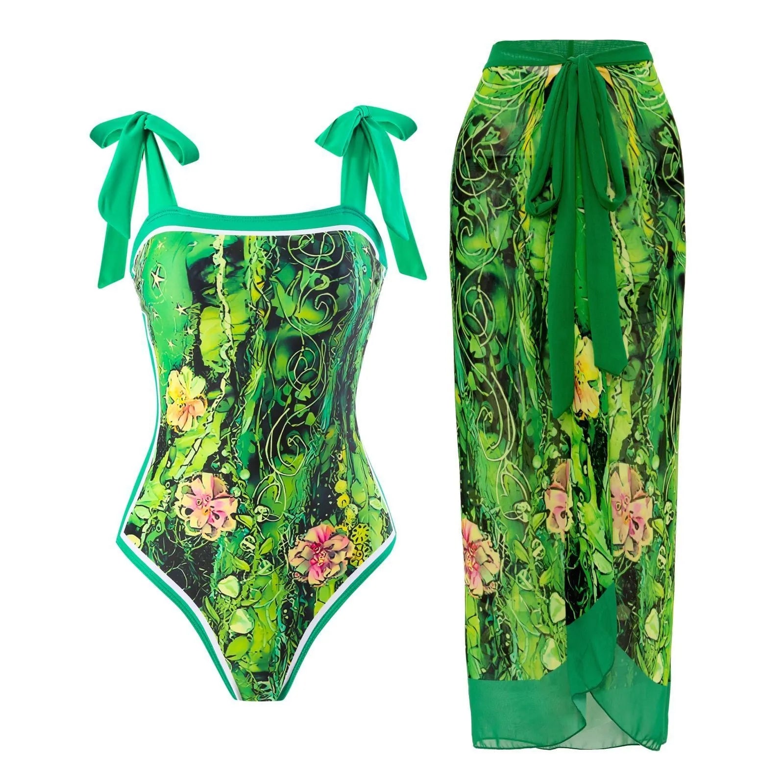 Women's yellow one-piece swimsuit with floral pattern and matching white chiffon skirt.
