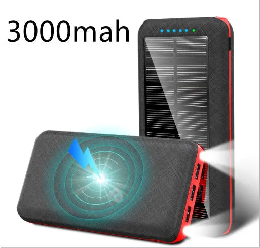 Black portable power bank with solar panel, wireless charging surface, and three USB output ports