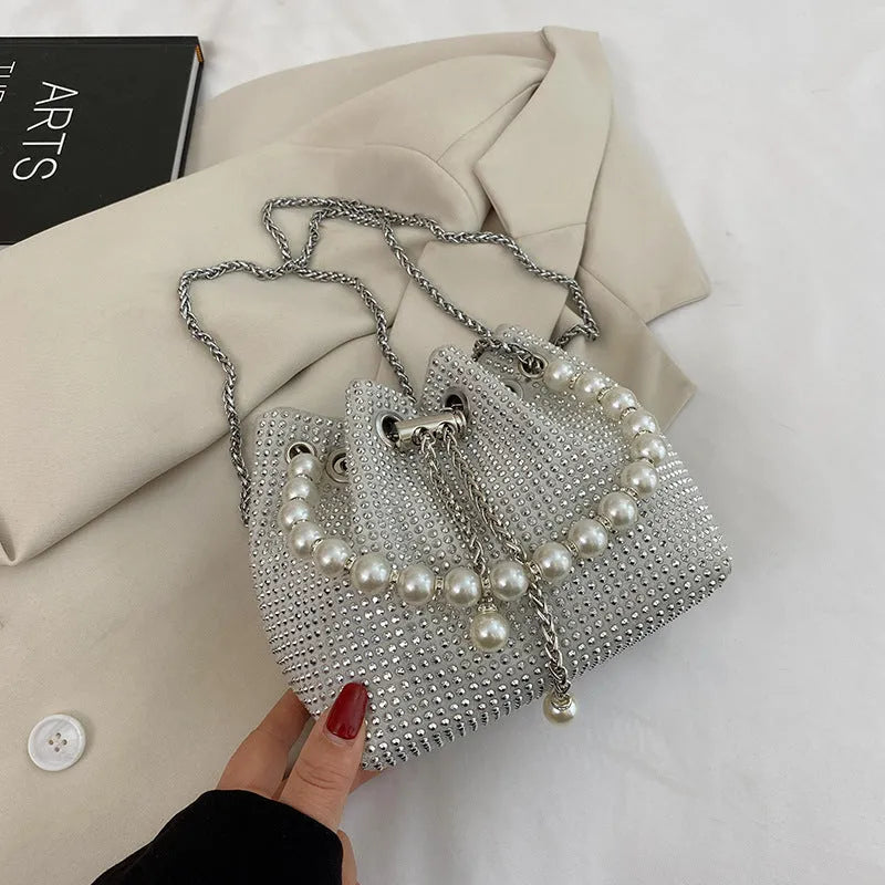 Women's diamond pattern PU leather crossbody bucket bag with western chain strap in choice of colours